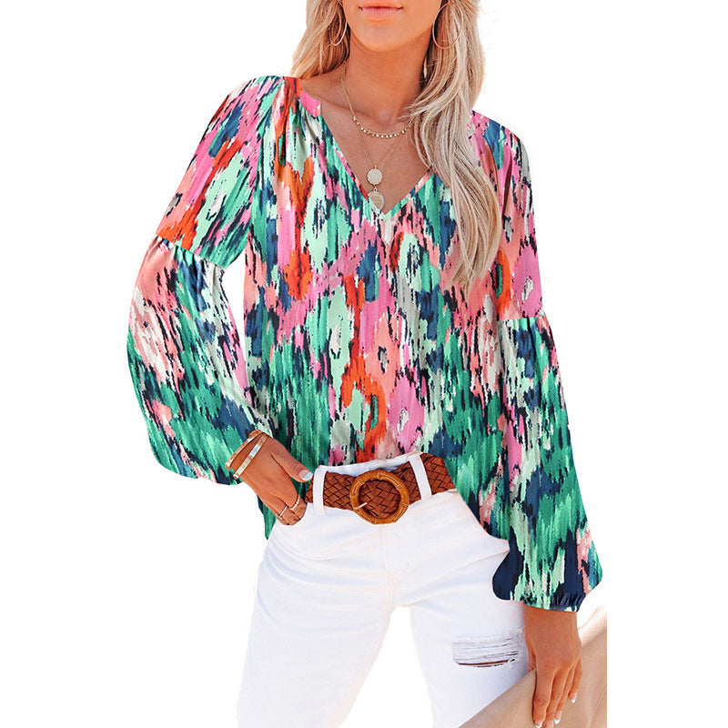 Women's Floral Chiffon Shirt Loose V-neck Casual Top