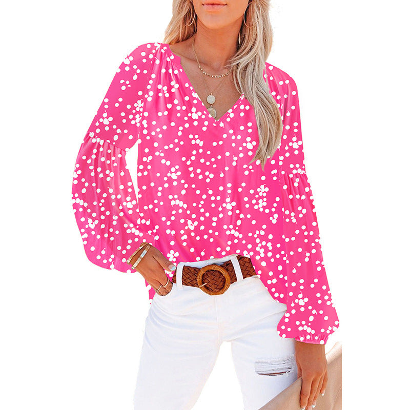 Women's Floral Chiffon Shirt Loose V-neck Casual Top