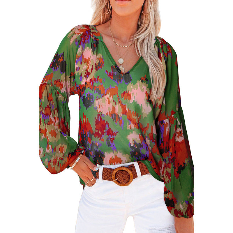 Women's Floral Chiffon Shirt Loose V-neck Casual Top