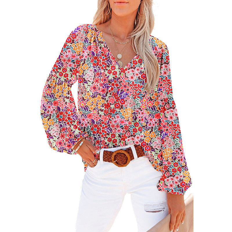 Women's Floral Chiffon Shirt Loose V-neck Casual Top
